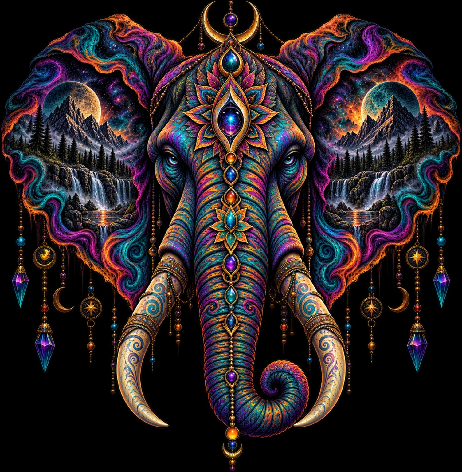 Colorful psychedelic elephant design for custom band merchandise